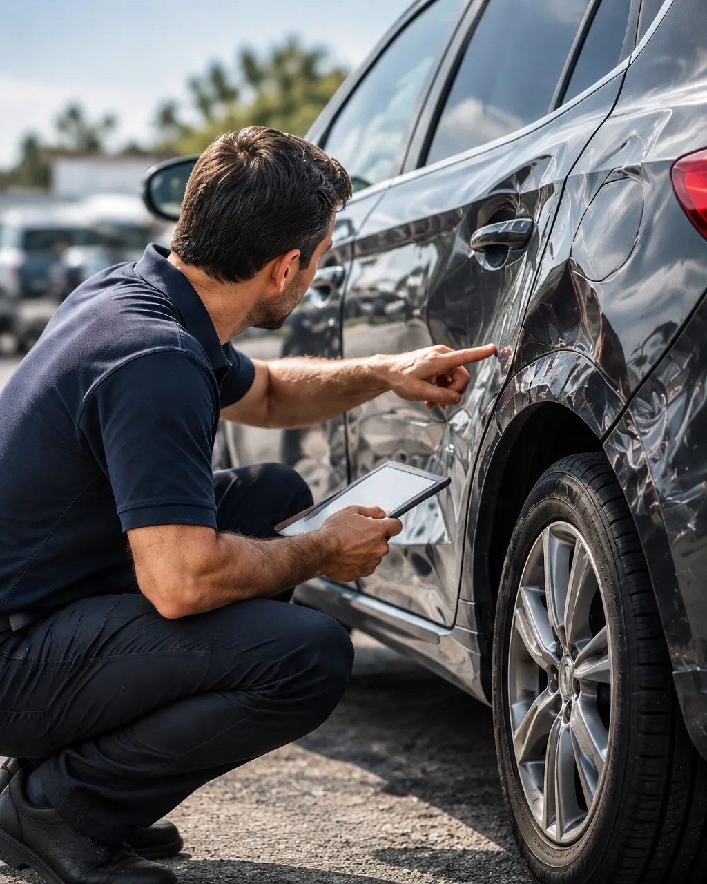 Collision consultant documenting damage on a vehicle
