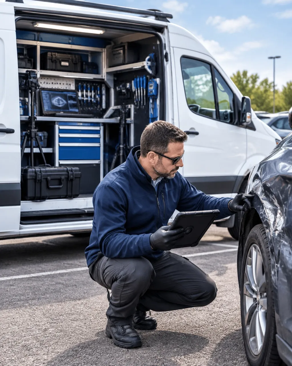 Mobile collision inspection lab van and inspector reviewing vehicle damage